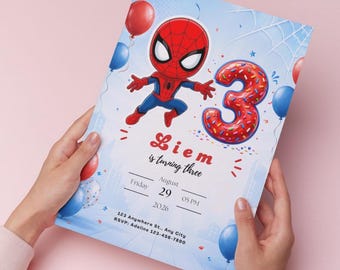 スーパーヒーローの3歳の誕生日招待状、男の子の誕生日パーティー招待状、スーパーヒーローの誕生日Canvaテンプレート、編集可能な子供向けパーティー招待状