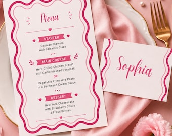 Plantilla elegante para menú de boda, tarjeta de menú editable en Canva, menú de boda rosa, menú para despedida de soltera, tarjeta de lugar para la recepción, plantilla imprimible.