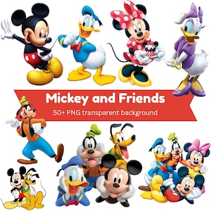 Può includere: Una collezione di illustrazioni di personaggi Disney con Topolino, Paperino, Minni, Paperina, Pippo e Pluto. Il testo recita Mickey and Friends 50+ PNG transparent background su uno stendardo rosso posizionato al centro.