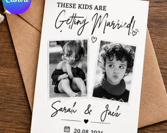 パーソナライズされた結婚写真のお知らせ、「この子たちが結婚します」、白黒の記念品