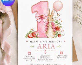 うさぎとイチゴの1歳の誕生日招待状、ピンクのうさぎの女の子向けパーティーテンプレート（デジタルダウンロード）