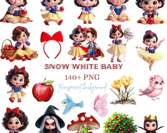 Sneeuwwitje Baby PNG Bundel, Sprookjesprinses Clipart, 140+ PNG, Schattige Prinses PNG, Appel PNG, Babykamer Clipart, Sublimatie Ontwerp