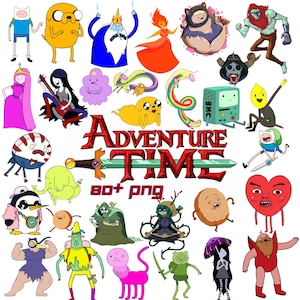 May include: A collection of Adventure Time character illustrations featuring Finn, Jake, Princess Bubblegum, and others surrounding the red Adventure Time logo and a sword. The graphic includes over 80 individual PNG character designs.