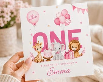 Invitación de primer cumpleaños, invitación de cumpleaños de safari para niña, animales de la selva rosa, fiesta de primer cumpleaños, invitación personalizada imprimible