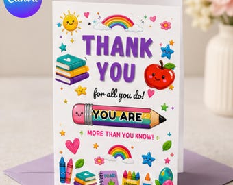 Tarjeta de agradecimiento para profesores imprimible, tarjeta colorida de agradecimiento para profesores, agradecimiento en el aula, regalo para educadores, tarjeta de fin de año para profesores