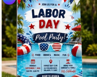 Labor Day Pool Party Invitation, Editable Canva Template, Patriotic Pool Party Invite, Labor Day BBQ Summer Party, Digital  Invitation