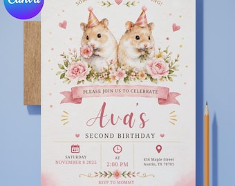 編集可能なハムスターの2歳の誕生日招待状テンプレート、かわいい花柄の女の子の誕生日招待状、Canvaデジタル誕生日パーティー招待状