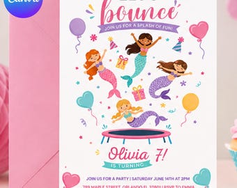 人魚をテーマにした誕生日招待状、女の子向けトランポリンプールパーティー、編集可能なCanvaテンプレート（デジタルダウンロード）