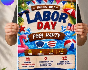 Plantilla de invitación para fiesta en la piscina del Día del Trabajo, invitación patriótica para fiesta en la piscina, invitación editable para fiesta de verano en Canva