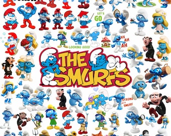 Smurfen PNG-bundel, schattige blauwe cartoonfiguren clipart, digitale download van de Smurfenfamilie, meer dan 70 Smurfen-cliparts, printbaar sublimatieontwerp