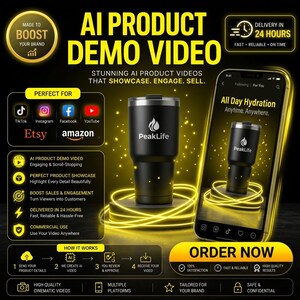 May include: A black stainless steel tumbler with the PeakLife logo, centered on a platform surrounded by glowing yellow light trails. To the right, a smartphone displays a video of the same tumbler with the text All Day Hydration Anytime. Anywhere.
