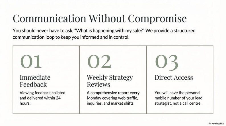 May include: A graphic with the title "Communication Without Compromise" and three sections: Immediate Feedback, Weekly Strategy Reviews, and Direct Access. Each section provides details about the communication process, including feedback delivery, weekly reports, and direct contact.