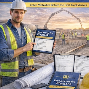 Peut inclure: Un ouvrier du bâtiment, portant un casque et un gilet de sécurité, montre une tablette affichant "The Concrete Pro Playbook". L'image présente également des plans, des listes de contrôle et un livre du même titre, mettant l'accent sur les systèmes de pré-coulage.