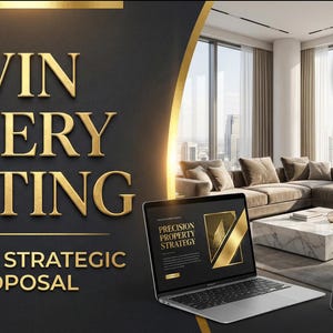May include: A promotional image with the text "WIN EVERY LISTING" in gold lettering. The image also includes a laptop and tablet displaying a "PRECISION PROPERTY STRATEGY" presentation, with the words "EDITABLE IN CANVA & POWERPOINT" and "INSTANT DOWNLOAD". The background features a modern living room.
