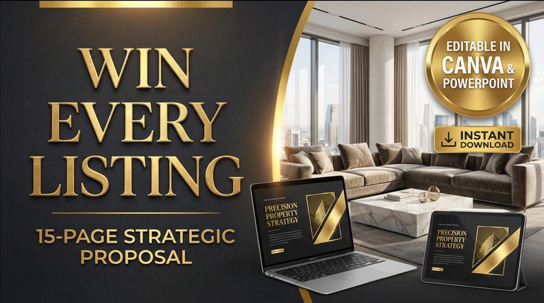 May include: A promotional image with the text "WIN EVERY LISTING" in gold lettering. The image also includes a laptop and tablet displaying a "PRECISION PROPERTY STRATEGY" presentation, with the words "EDITABLE IN CANVA & POWERPOINT" and "INSTANT DOWNLOAD". The background features a modern living room.