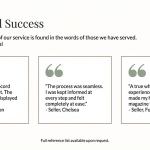 May include: A light-colored graphic with the text "Validated Success" and client testimonials. The testimonials are in quote bubbles, each with a client's statement and location. The text is in a sans-serif font.