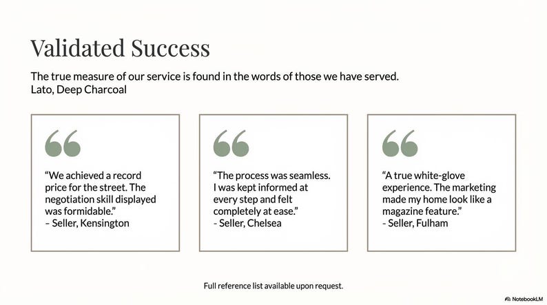 May include: A light-colored graphic with the text "Validated Success" and client testimonials. The testimonials are in quote bubbles, each with a client's statement and location. The text is in a sans-serif font.