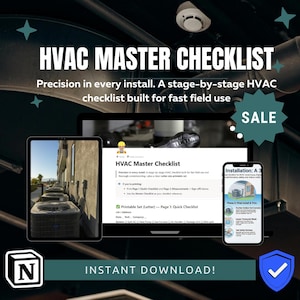 May include: An advertisement for an HVAC Master Checklist, displayed on a laptop, tablet, and smartphone. The text includes "Precision in every install" and "Instant Download!" A "SALE" tag is visible.