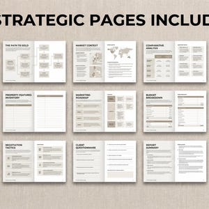 May include: A layout of 15 strategic pages with text and graphics. The pages are in a neutral color palette, with headings such as "The Science of Valuation" and "Market Context". The text "15 Strategic Pages Included" is at the top.