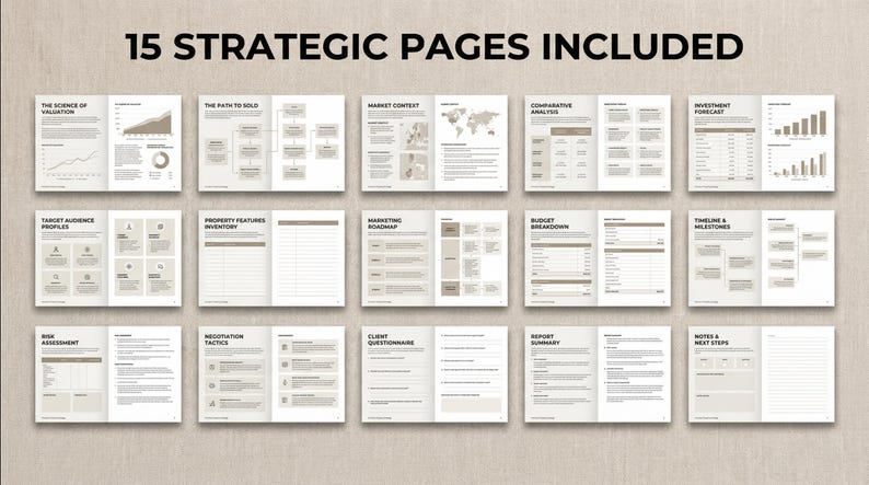 May include: A layout of 15 strategic pages with text and graphics. The pages are in a neutral color palette, with headings such as "The Science of Valuation" and "Market Context". The text "15 Strategic Pages Included" is at the top.