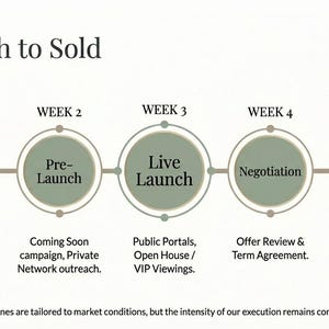 May include: A graphic illustrating the real estate process, titled "The Path to Sold." It outlines stages: Preparation, Pre-Launch, Live Launch, Negotiation, and Closing, each in a circular design. Text details each stage, with a connecting timeline.