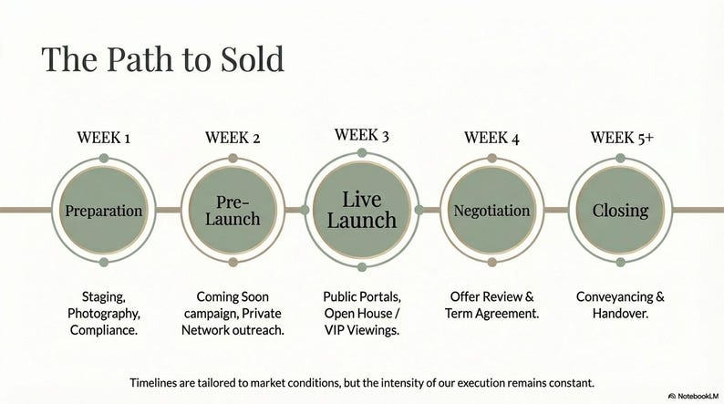May include: A graphic illustrating the real estate process, titled "The Path to Sold." It outlines stages: Preparation, Pre-Launch, Live Launch, Negotiation, and Closing, each in a circular design. Text details each stage, with a connecting timeline.