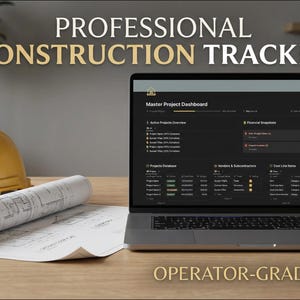 Peut inclure: Un ordinateur portable affiche un tableau de bord de projet de construction sur un bureau en bois, à côté d'un casque jaune et de plans roulés. Le texte indique « PROFESSIONAL CONSTRUCTION TRACKER » et « OPERATOR-GRADE SYSTEM ».