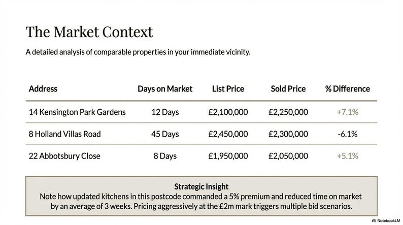 May include: A detailed analysis of comparable properties, titled "The Market Context." The table shows addresses, days on market, list price, sold price, and percentage difference. Strategic insight notes the impact of updated kitchens.
