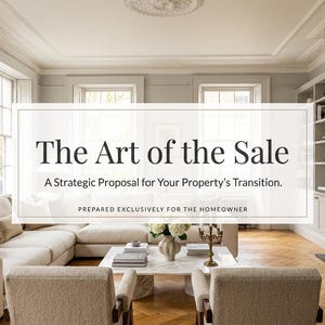 May include: An interior shot of a living room with a large sectional sofa, two armchairs, and a coffee table. The room has large windows, a fireplace, and built-in shelves. The text "The Art of the Sale" is displayed on a white rectangle.