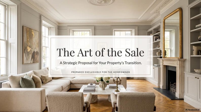 May include: An interior shot of a living room with a large sectional sofa, two armchairs, and a coffee table. The room has large windows, a fireplace, and built-in shelves. The text "The Art of the Sale" is displayed on a white rectangle.