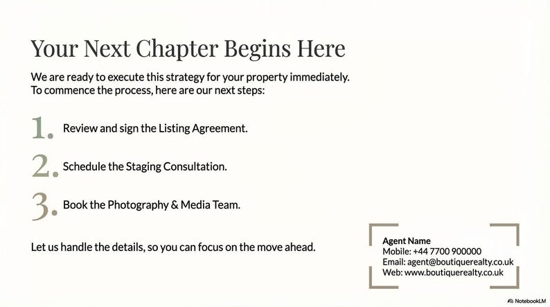 May include: Cream-colored graphic with the text "Your Next Chapter Begins Here." The text lists three steps: Review and sign the Listing Agreement, Schedule the Staging Consultation, and Book the Photography & Media Team. Contact information is in the bottom right.