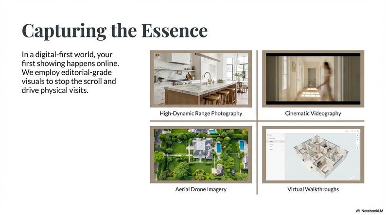 May include: A promotional image with the text "Capturing the Essence." It showcases four visual examples: high-dynamic range photography, cinematic videography, aerial drone imagery, and virtual walkthroughs. The text emphasizes the importance of editorial-grade visuals.