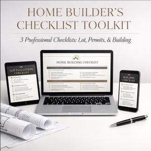 Puede incluir: Un portátil, una tableta y un smartphone muestran una lista de verificación de construcción de viviendas. Planos enrollados y un bolígrafo están sobre la superficie blanca. El texto dice "HOME BUILDER'S CHECKLIST TOOLKIT" y "3 Professional Checklists: Lot, Permits, & Building."