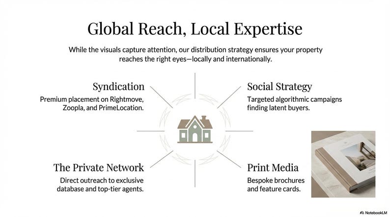 May include: A promotional graphic with the text "Global Reach, Local Expertise." The image features a central house icon surrounded by text describing services like Syndication, Social Strategy, The Private Network, and Print Media.