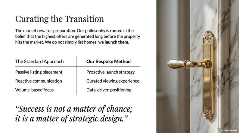 May include: A gold-colored door handle and plate are mounted on a white and gray marble door. The text on the left side of the image reads "Curating the Transition" and describes a real estate service.
