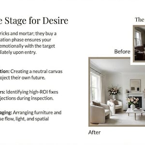 May include: Image showing a before-and-after comparison of a living room transformation. The text reads "Setting the Stage for Desire" and outlines steps like de-personalization and professional staging to appeal to buyers.