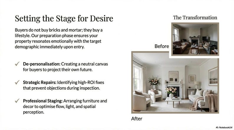 May include: Image showing a before-and-after comparison of a living room transformation. The text reads "Setting the Stage for Desire" and outlines steps like de-personalization and professional staging to appeal to buyers.