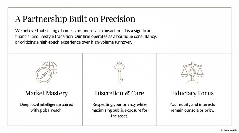 May include: A white graphic with text and icons. The text reads "A Partnership Built on Precision." Icons include a compass and globe, a key, and scales. The image is for a real estate consultancy.