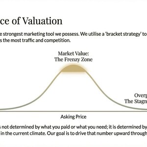 May include: A business diagram titled "The Science of Valuation" with a bell curve illustrating market value and buyer interest. The text explains pricing strategies and market dynamics.