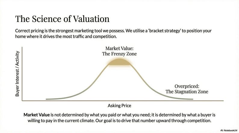 May include: A business diagram titled "The Science of Valuation" with a bell curve illustrating market value and buyer interest. The text explains pricing strategies and market dynamics.