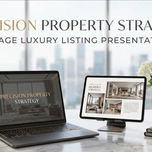 May include: A laptop and tablet display a real estate presentation titled "Precision Property Strategy." The laptop and tablet are on a marble surface, with a vase of white flowers and a stack of notebooks. The presentation is 15 pages.