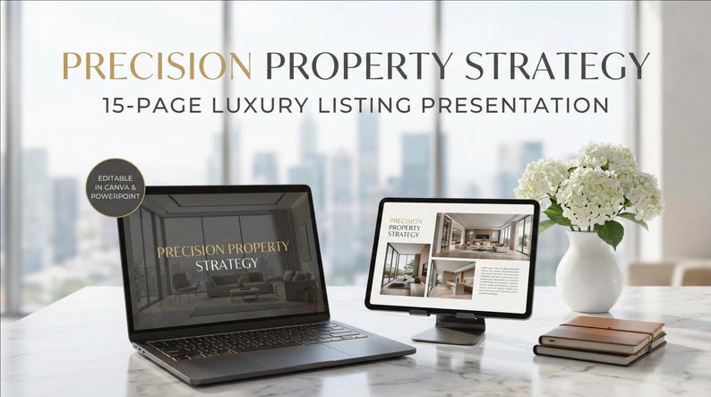 May include: A laptop and tablet display a real estate presentation titled "Precision Property Strategy." The laptop and tablet are on a marble surface, with a vase of white flowers and a stack of notebooks. The presentation is 15 pages.