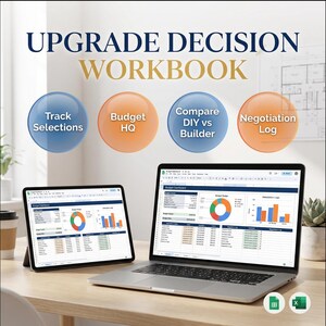 Könnte beinhalten: Ein Laptop und ein Tablet zeigen ein Finanz-Dashboard mit Diagrammen und Daten. Das Bild enthält den Text "UPGRADE DECISION WORKBOOK" und kreisförmige Schaltflächen mit der Aufschrift "Track Selections", "Budget HQ", "Compare DIY vs Builder" und "Negotiation Log".