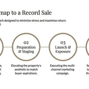 May include: Infographic titled "The Roadmap to a Record Sale" with four circular steps: Consultation & Strategy, Preparation & Staging, Launch & Exposure, and Negotiation & Closing. Each step has a brief description. The text is in Lato, Deep Charcoal.