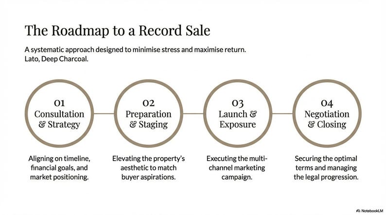 May include: Infographic titled "The Roadmap to a Record Sale" with four circular steps: Consultation & Strategy, Preparation & Staging, Launch & Exposure, and Negotiation & Closing. Each step has a brief description. The text is in Lato, Deep Charcoal.