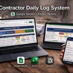 Pode incluir: Um laptop, tablet e smartphone exibindo uma interface "Contractor Daily Log System". A imagem inclui os logotipos do Google Sheets, Excel e Notion. Um capacete amarelo e uma xícara de café são visíveis no fundo.