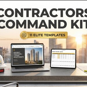 Pode incluir: Uma configuração de mesa com um laptop e um tablet exibindo modelos de gerenciamento de projetos. A imagem inclui um capacete, um medidor a laser e plantas. O texto diz "CONTRACTORS COMMAND KIT" e "11 ELITE TEMPLATES". Uma paisagem urbana é visível através da janela.
