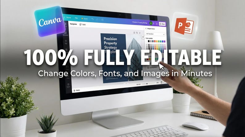 May include: A computer screen displaying a Canva design interface with the text "100% FULLY EDITABLE". The screen shows a presentation template with the words "Precision Property Strategy". A hand points to the screen. The image also includes the Canva logo and a PowerPoint icon.