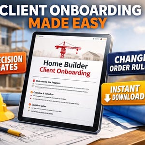 May include: A digital tablet shows "Home Builder Client Onboarding" with a construction crane graphic. The image includes a yellow hard hat, blueprints, and text boxes that read "8 Decision Gates", "Change Order Rules", and "Instant Download".