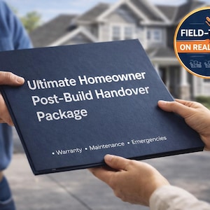 May include: A dark blue folder titled "Ultimate Homeowner Post-Build Handover Package" is being handed over. The text includes "Warranty, Maintenance, Emergencies." A circular badge reads "Field-Tested on Real Homes."